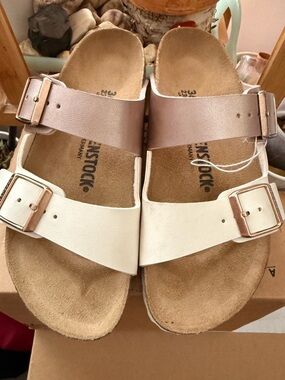 Birkenstock Women's Two-Tone White and Rose Gold Double Strap Sandal